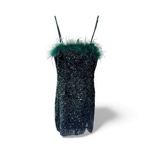 Festive Emerald Green Sequin Mini Dress featuring   Feather Bust Trim
